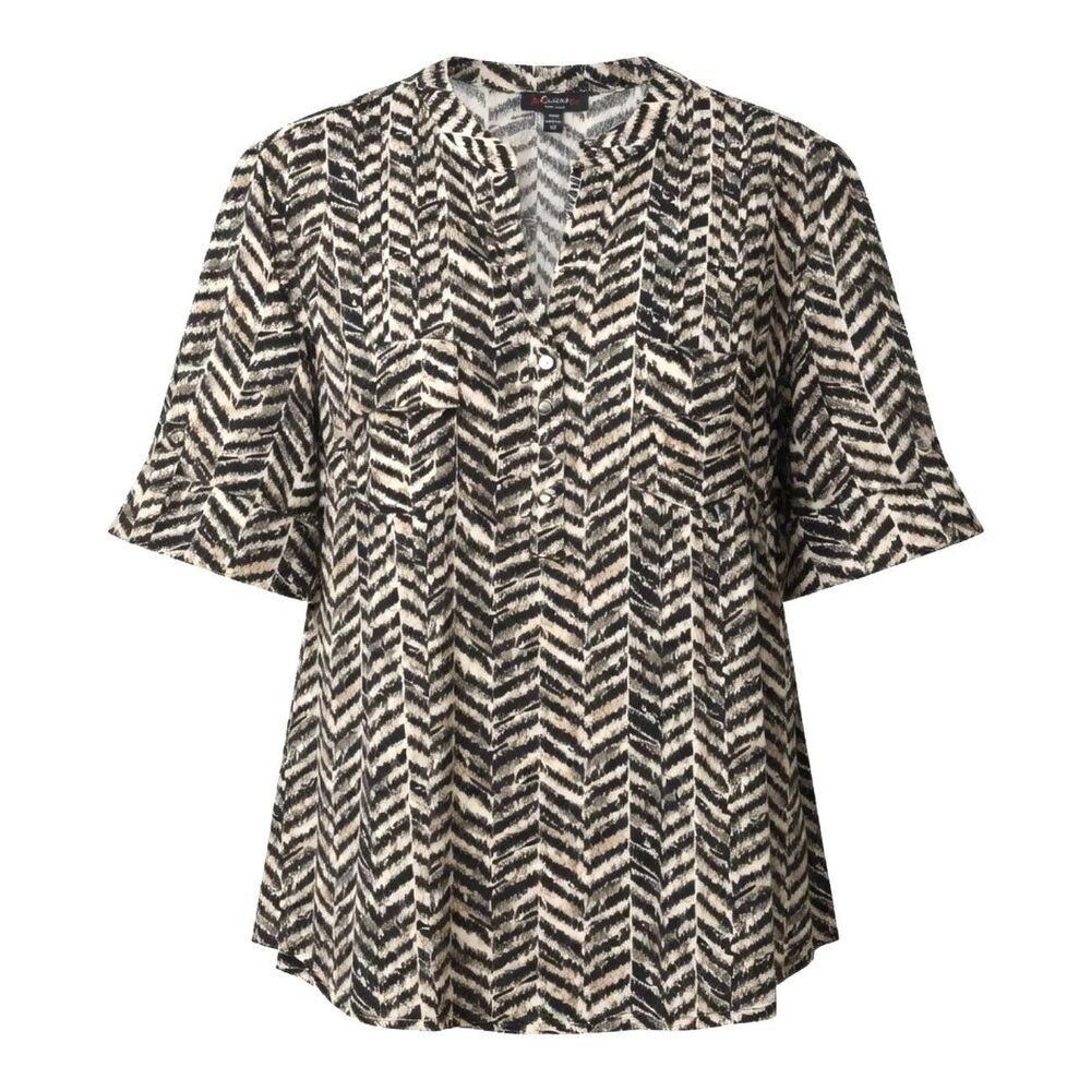 Cocomo Women's Plus Size 3X Black Beige Animal Print Pintuck Short Sleeve Top